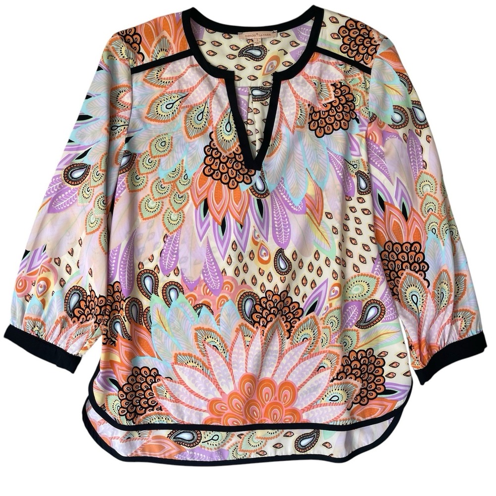 Gibson Latimer Shirt Womens Small Colorful Maximalist Paisley Floral V Neck